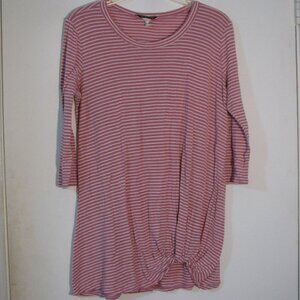 * Adara Pink White Blouse Fits Medium Stripes Striped Knot at Hem